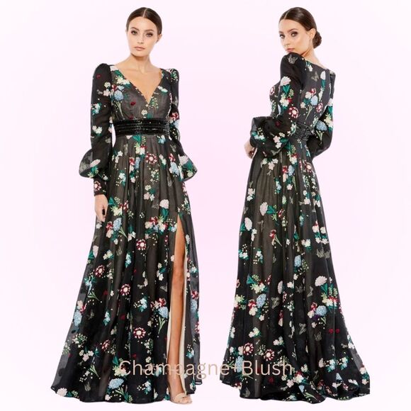 Mac Duggal Dresses & Skirts - Mac Duggal | 79361 Embroidered Bishop Sleeve V Neck Flowy Gown Size 12 NEW